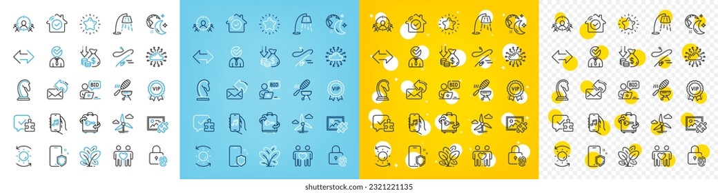 Vector icons set of Star, Music app and Fishing rod line icons pack for web with Fish grill, Spinach, Vacancy outline icon. Puzzle, Fingerprint lock, Sync pictogram. Luggage. Vector