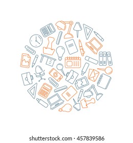 vector icons set with stationery elements in circle shape form. Illustrations in linear stile isolate on light background