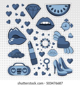 Vector icons set of stickers in different colors 80s 90s in comic style