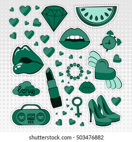 Vector icons set of stickers in different colors 80s 90s in comic style
