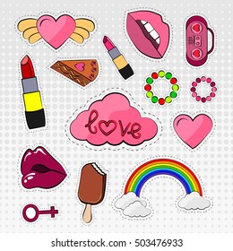 Vector icons set of stickers in different colors 80s 90s in comic style