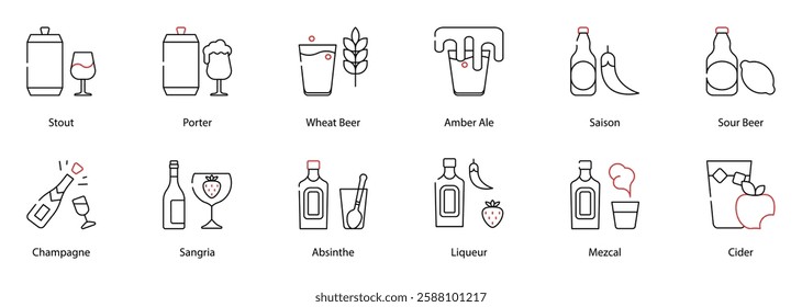 Vector Icons Set - Stout, Porter, Wheat Beer, Amber Ale, Saison, Sour Beer, Champagne, Sangria, Absinthe, Liqueur, Mezcal, Cider