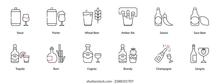 Vector Icons Set - Stout, Porter, Wheat Beer, Amber Ale, Saison, Sour Beer, Tequila, Rum, Cognac, Brandy, Champagne, Sangria