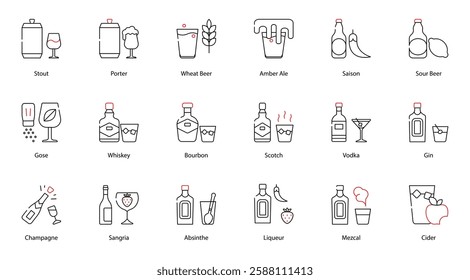 Vector Icons Set - Stout, Wheat Beer, Amber Ale, Saison, Sour Beer, Whiskey, Bourbon, Scotch, Vodka, Gin, Champagne, Sangria, Absinthe, Liqueur, Mezcal, Cider