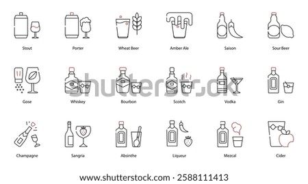 Vector Icons Set - Stout, Wheat Beer, Amber Ale, Saison, Sour Beer, Whiskey, Bourbon, Scotch, Vodka, Gin, Champagne, Sangria, Absinthe, Liqueur, Mezcal, Cider