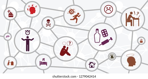 vector icons set for stress causes factors and symptoms