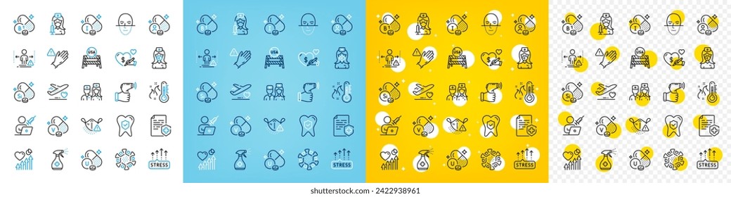 Iconos vectoriales de crecimiento de estrés, mineral de yodo y usar guantes de línea de iconos empacados para web con Coronavirus, latido cardíaco, icono de contorno termómetro electrónico. Vitamina. Vector