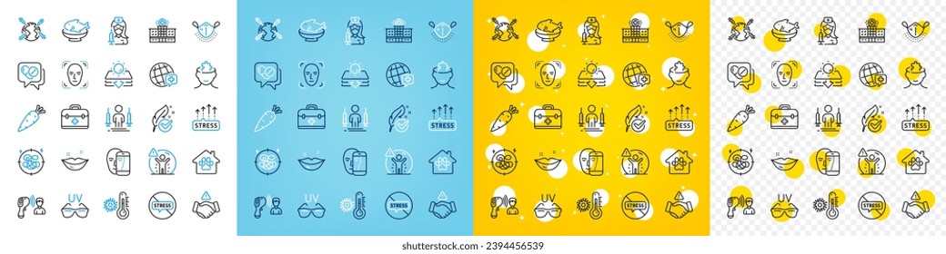 Vector icons set of Sun protection, Hospital building and Medical drugs line icons pack for web with Coronavirus injections, Carrot, Lips outline icon. First aid, Thermometer. Vector