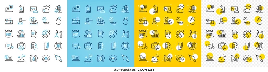 Vector icons set of Support, Partnership and Organic waste line icons pack for web with Refrigerator, Music, Place outline icon. Pickup, Mountain flag, Puzzle pictogram. Shop app. Vector