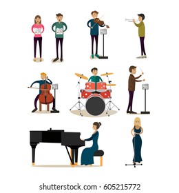 Vector icons set of symphony orchestra people isolated on white background. Singers, conductor, violinist, bassist, trumpeter, pianist, drummer flat style design elements.