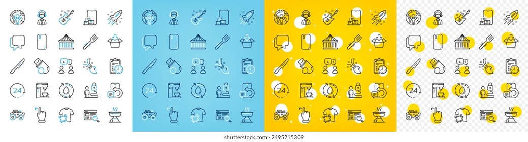 Vector icons set of Table knife, Website search and Coffee maker line icons pack for web with Smartphone cover, Flash memory, Online storage outline icon. Grill, Fork. Vector