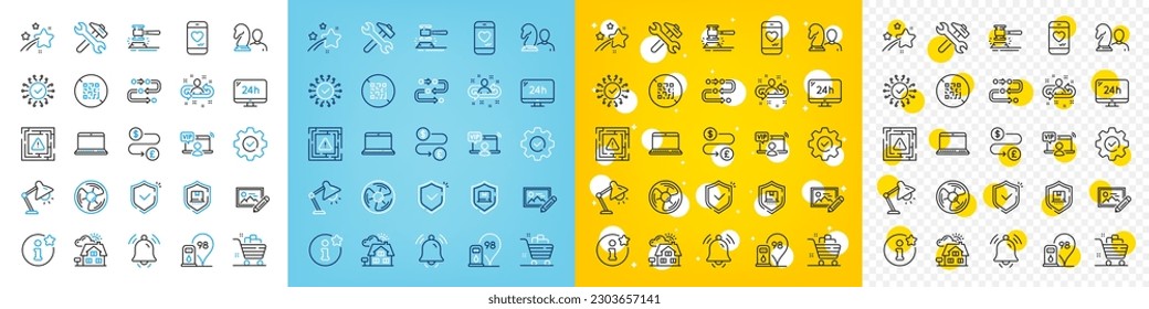 Vector icons set of Table lamp, Money transfer and Execute line icons pack for web with Package protection, Info, Vip access outline icon. Photo edit, Falling star, Grocery basket pictogram. Vector