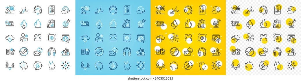 Juego de iconos vectoriales del objetivo Target, Paquete de iconos de línea Salario e Entrevista para web con videoconferencia, Tiempo seguro, Icono de contorno de estrés difícil. Rompecabezas, documentación de ingeniería. Vector