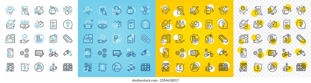 Vector icons set of Tax documents, Coffeepot and Fireworks line icons pack for web with Insurance hand, Prohibit food, Question mark outline icon. Meeting, Money, Clapping hands pictogram. Vector