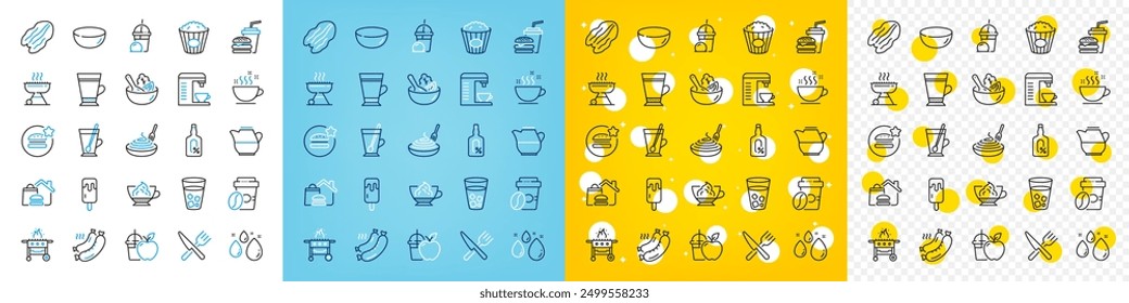 Vector icons set of Tea mug, Ice cream and Pasta dish line icons pack for web with Grill, Latte, Coffee cup outline icon. Espresso cream, Salad, Grilled sausage pictogram. Food delivery. Vector