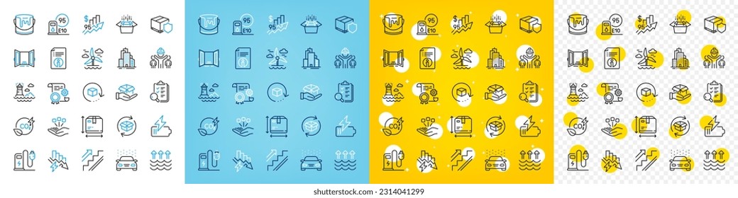 Iconos vectores conjunto de información técnica, edificios de rascacielos e iconos de línea de faro para web con gasolinera, paquete de retorno, icono de contorno de precio elevado. Batería, inspeccionar. Vector