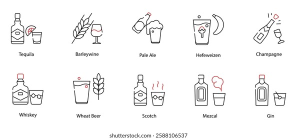 Vector Icons Set - Tequila, Barleywine, Pale Ale, Hefeweizen, Champagne, Whiskey, Wheat Beer, Scotch, Mezcal, Gin