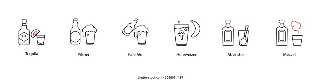 Vector Icons Set - Tequila, Pilsner, Pale Ale, Hefeweizen, Absinthe, Mezcal