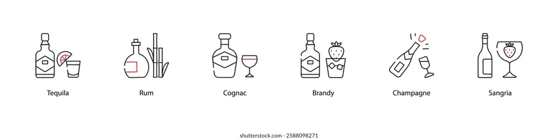 Vector Icons Set - Tequila, Rum, Cognac, Brandy, Champagne, Sangria