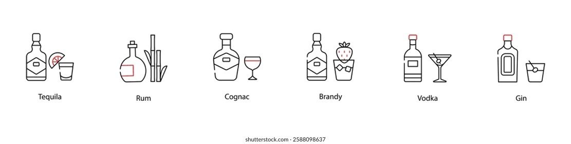 Vector Icons Set - Tequila, Rum, Cognac, Brandy, Vodka, Gin