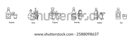 Vector Icons Set - Tequila, Rum, Cognac, Brandy, Vodka, Gin