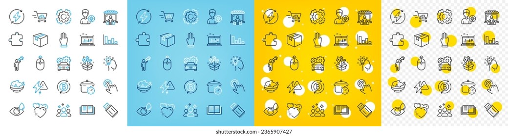 Vector icons set of Three fingers, Puzzle and Cursor line icons pack for web with Lightning bolt, Fireworks rocket, Person idea outline icon. Education, Refresh bitcoin, Swipe up pictogram. Vector