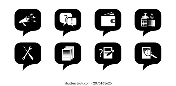 Iconos vectores: conjunto de miniaturas para: información importante, preguntas y respuestas, pagos, tarifas, servicios, documentos, enviar una solicitud, buscar datos útiles.  