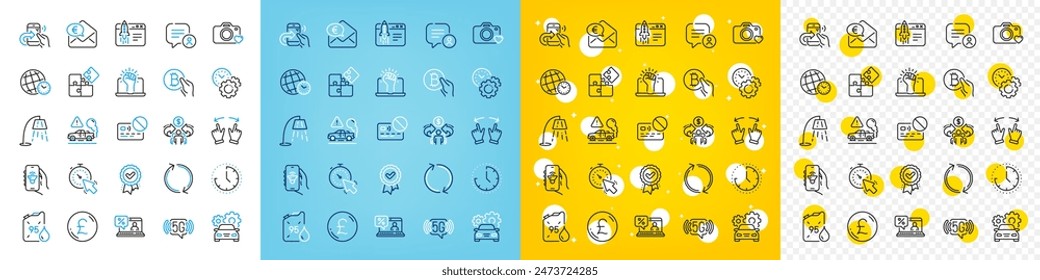 Vector icons set of Time, Photo camera and Empower line icons pack for web with Time zone, Start business, Puzzle outline icon. Car service, Approved award, Sharing economy pictogram. Vector