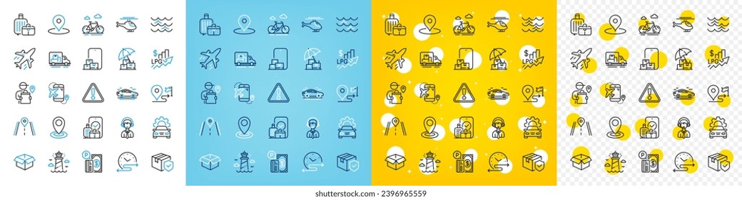 Vector icons set of Time schedule, Parking payment and Car service line icons pack for web with Baggage, Plane, Helicopter outline icon. Delivery man, Car, Parcel insurance pictogram. Vector