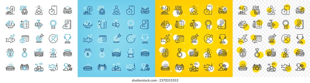 Vector icons set of Timer app, Laureate medal and Fitness calendar line icons pack for web with Award cup, Fitness, Yoga outline icon. Bicycle, Arena, Medal pictogram. Arena stadium. Vector