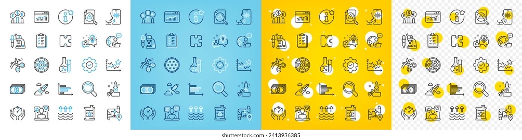 Vector icons set of Timer, Checklist and Startup rocket line icons pack for web with Payment, Social media, Puzzle outline icon. Search, Idea, Outsource work pictogram. Oil barrel. Vector