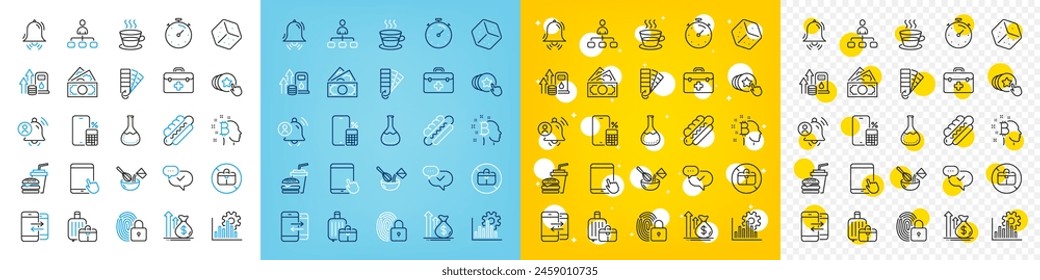 Vector icons set of Timer, Coffee cup and No handbag line icons pack for web with Lock, Chemistry lab, Dice outline icon. Budget, Hotdog, Tablet pc pictogram. User notification. Vector