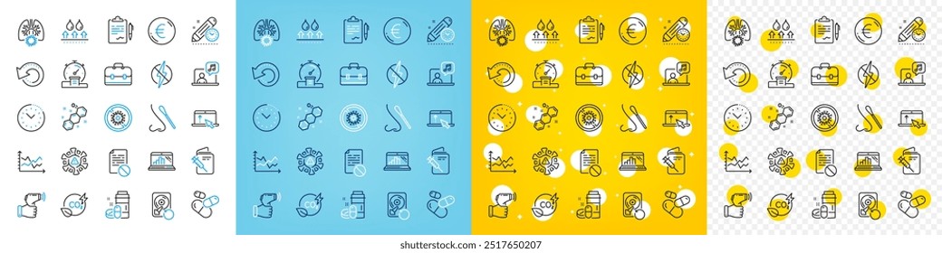 Ícones vetoriais conjunto de Timer, dados de recuperação e ícones de linha impermeável pacote para web com área de transferência, passaporte de vacinação, ícone de contorno de gráfico de diagrama. Termômetro eletrônico, música. Vetor