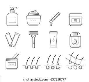 Vector icons set of tools for hair removal. Spa symbol in thin line style. Cosmetic equipment for depilation and epilation procedure. Outline simple illustrations isolated on white