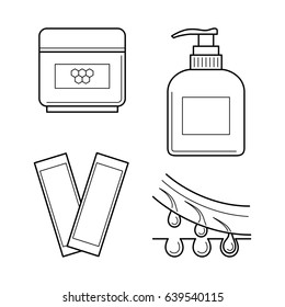 Vector icons set of tools for waxing procedure. Cosmetic equipment for epilation: strips, wax and aftershave cream. Hair removing symbols in thin line style. Outline simple isolated illustrations