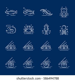 Vector icons set of a traditional Japanese cuisine - sushi and seafood on withe background with lettering on a ribbon. Japanese culture, traditions and cuisine.