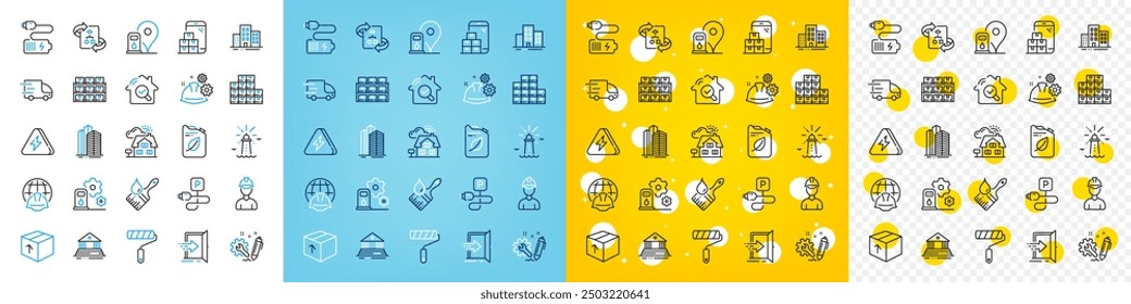 Conjunto de iconos vectoriales de entrega de camiones, paquete de iconos de línea Foreman y Lighthouse para el Web con ingeniería global, estante de cajas, icono de esquema de proceso de trabajo. Cepillo, estación de llenado. Vector