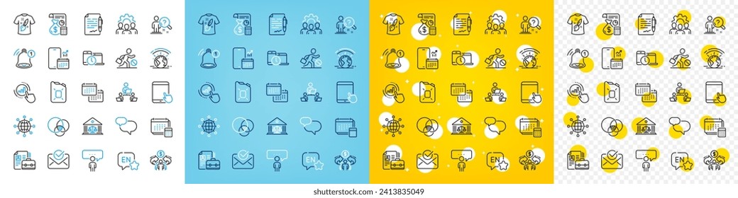 Iconos vectores conjunto de diseño de camisetas, edificio de la corte e iconos de la línea de aceite del cartucho para la web con globo internacional, Cuenta, Icono de contorno de mensajes de chat. Calendario, Gráfica. Vector