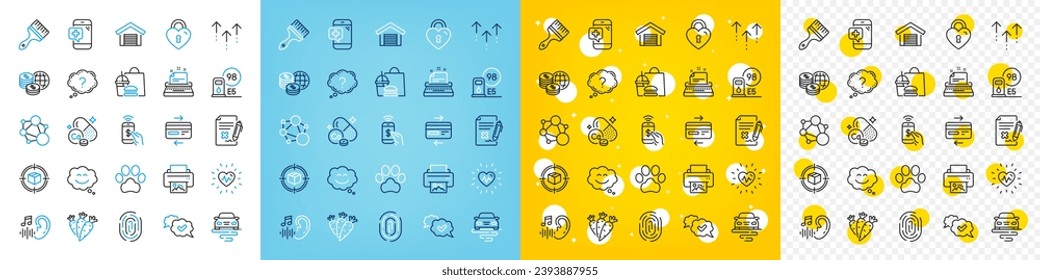 Vector icons set of Typewriter, Love lock and Carrots line icons pack for web with Route, Fast food, World money outline icon. Integrity, Heartbeat, Smile chat pictogram. Parking garage. Vector