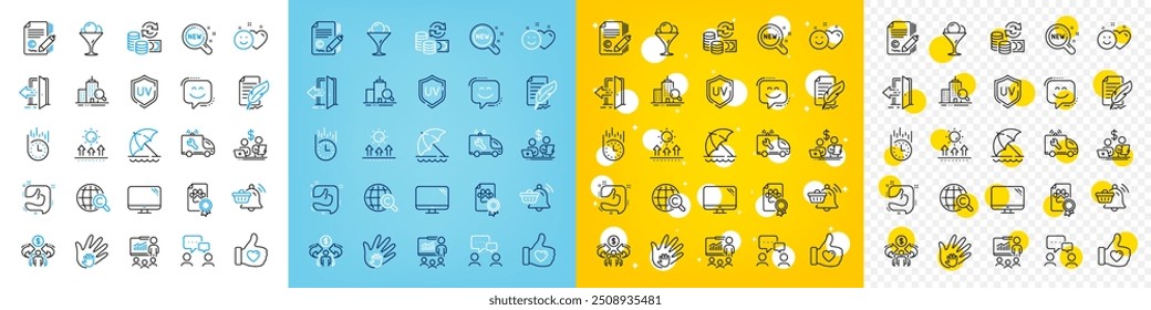 Vector icons set of Uv protection, People chatting and Smile face line icons pack for web with Like hand, Feather signature, New products outline icon. Like, Copywriting. Vector