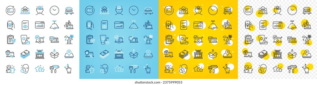 Vektorsymbole Set von View Dokument, Senden Sie Box und Work Home Line Icons Pack für Web mit Deckenlampe, Sunscreen, Online-Zugriff Umriss-Symbol. Teamwork, Online-Umfrage, Piktogramm Alkoholsucht. Vektorgrafik