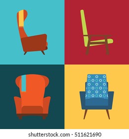 Vector icons set of vintage armchairs on the different color background.