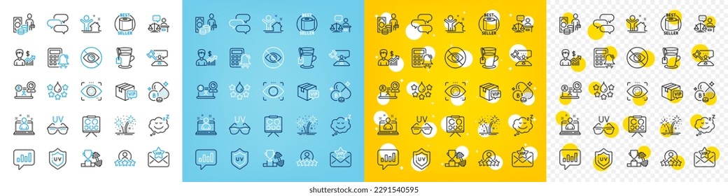 Vector icons set of Vip parcel, Tea and Eye detect line icons pack for web with Court judge, Quality, Human rating outline icon. Pantothenic acid, Video conference, Sunglasses pictogram. Vector