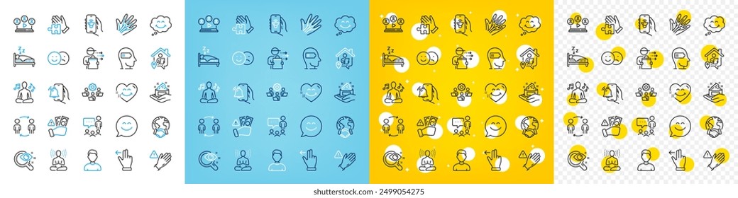 Vektor-Icons Set von Vision-Test, Betrug und Arbeit home line-Icons-Paket für Web mit Lebensmittellieferung, Global Business, Hautpflege-Gliederungssymbol. Lächeln Sie Gesicht, Wecker, Schlaf Piktogramm. Yoga. Vektorgrafik