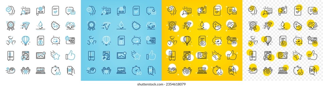 Vector icons set of Washing machine, Add photo and Checked file line icons pack for web with Chemical hazard, Search, Bacteria outline icon. Air balloon, Refrigerator, Technical info pictogram. Vector