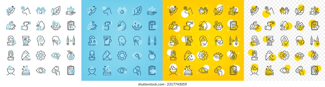 Vector icons set of Water drop, Mattress and Moisturizing cream line icons pack for web with Mint tea, Medical mask, Patient history outline icon. Conjunctivitis eye, Eye checklist. Vector