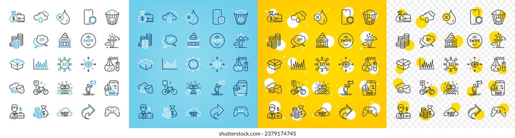 Vector icons set of Web3, Rainy weather and Difficult stress line icons pack for web with Food order, Popcorn, Bike outline icon. Phone protect, Share, Coins pictogram. Parcel delivery. Vector