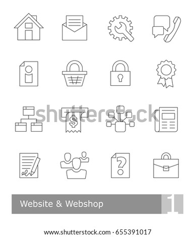 Vector icons set for website and webshop; black thin outlines on white background, scalable