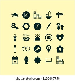 vector icons set. with wedding rings, bookcase, hot chicken and house rent in set