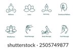 Vector Icons Set: Wellness, Lotus, Harmony, Emotional Wellness, Mindfulness, Meditation, Head Massage, Body Massage, Foot Massage